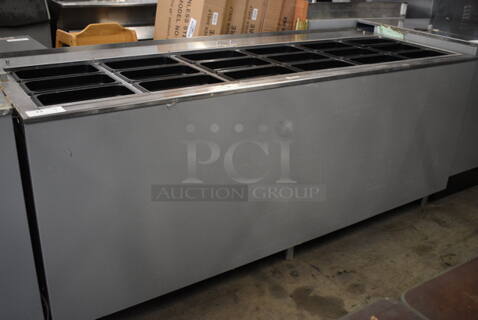 Duke Model SUB FC 206 RT Stainless Steel Subway Sandwich Make Line w/ 18 Black Poly 1/3 Size Drop In Bins. 86x33.5x35.5