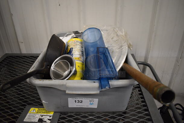 ALL ONE MONEY! Lot of Various Items Including Blue Ice Scoop and Cast Iron Skillet in Gray Poly Bus Bin! - Image 2 of 6