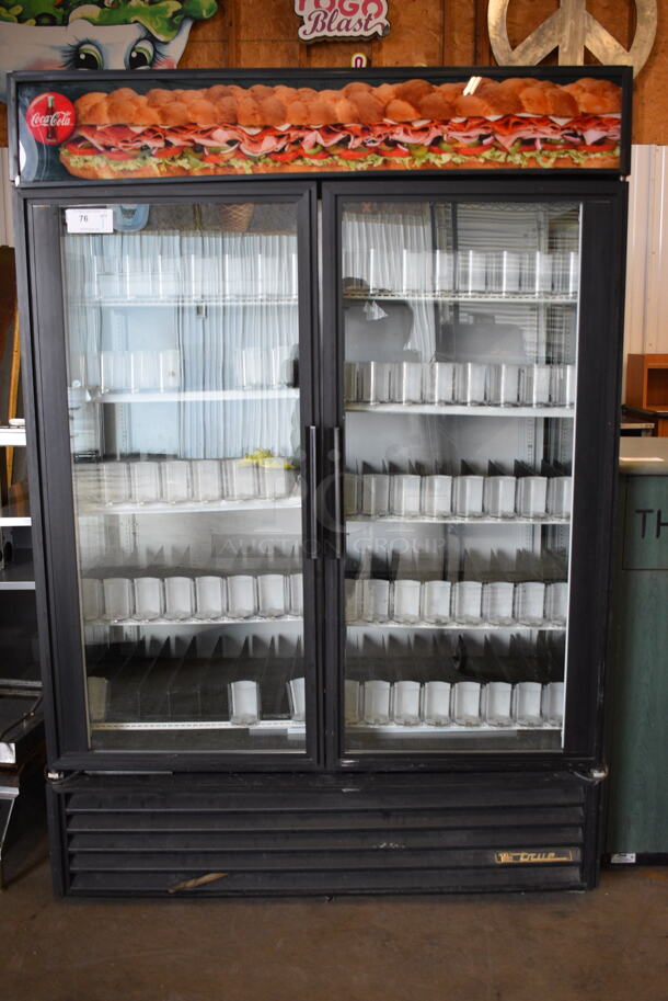 GREAT! True Model GEM-49 Metal Commercial 2 Door Reach In Cooler Merchandiser w/ Poly Coated Racks and Drink Sliders. 115 Volts, 1 Phase. 54x31x79. Tested and Working!