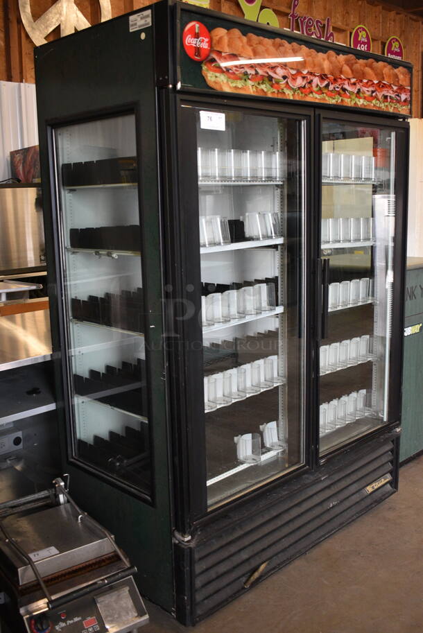 GREAT! True Model GEM-49 Metal Commercial 2 Door Reach In Cooler Merchandiser w/ Poly Coated Racks and Drink Sliders. 115 Volts, 1 Phase. 54x31x79. Tested and Working! - Image 2 of 6