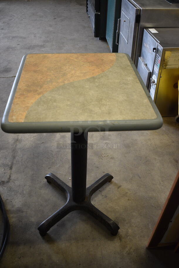 Gray Green / Tan Dining Table on Black Metal Table Base. Stock Picture - Cosmetic  Condition May Vary. 20x24x30