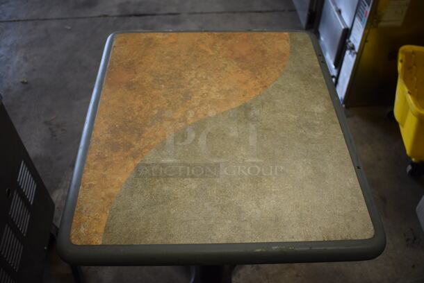 Gray Green / Tan Dining Table on Black Metal Table Base. Stock Picture - Cosmetic  Condition May Vary. 20x24x30 - Image 2 of 7