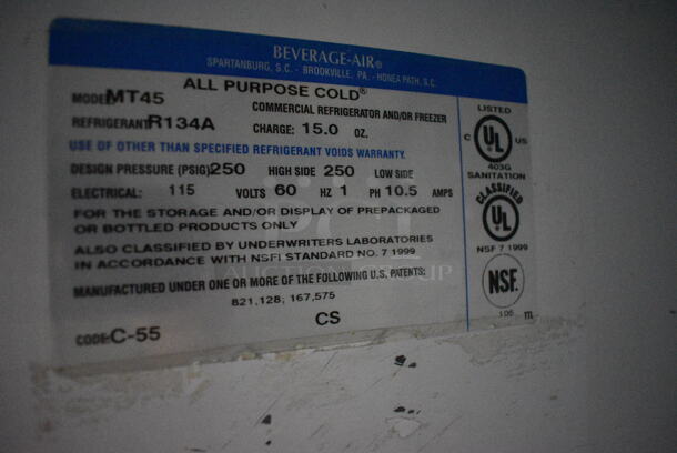 GREAT! Beverage Air Model MT45 Metal Commercial 2 Door Reach In Cooler Merchandiser w/ Poly Coated Racks on Commercial Casters. 115 Volts, 1 Phase. 52x30x84. Tested and Powers On But Does Not Get Cold - Image 5 of 6