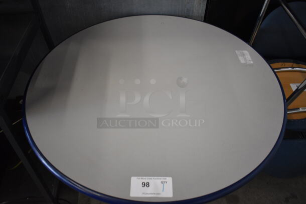 Gray Round Table w/ Blue Rim on Blue Metal Table Base. 36x36x29 - Image 3 of 4