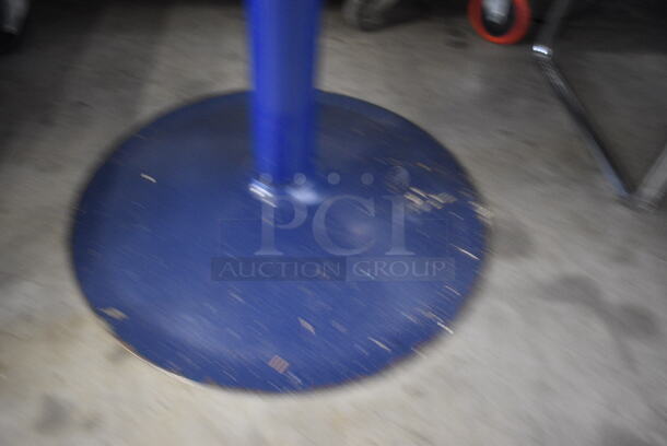 Gray Round Table w/ Blue Rim on Blue Metal Table Base. 36x36x29 - Image 4 of 4