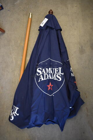 Samuel Adams Blue Patio Umbrella w/ Wooden Pole. 93"
