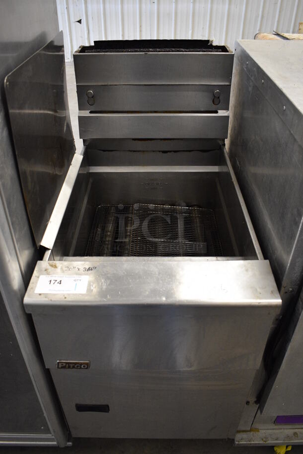 WOW! Pitco Frialator Stainless Steel Commercial Floor Style Gas Powered Deep Fat Fryer w/ Left Side Splash Guard on Commercial Casters. 19.5x34x49