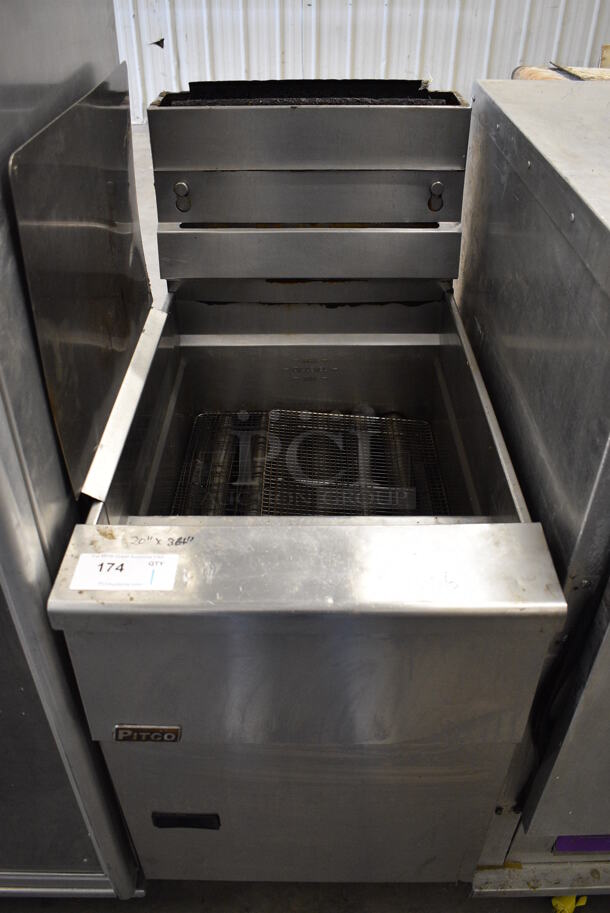 WOW! Pitco Frialator Stainless Steel Commercial Floor Style Gas Powered Deep Fat Fryer w/ Left Side Splash Guard on Commercial Casters. 19.5x34x49 - Image 1 of 7