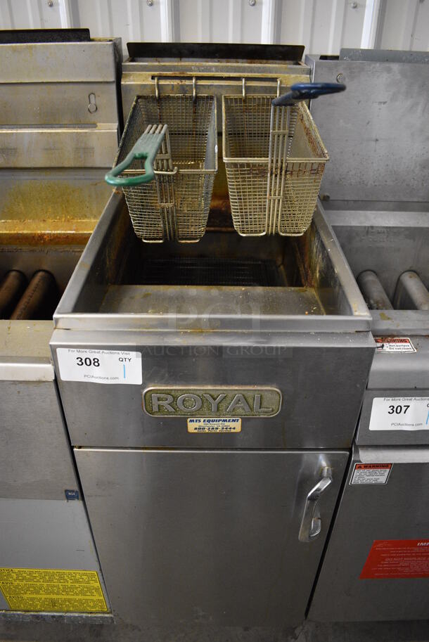 NICE! Royal Model RFT-50 Stainless Steel Commercial Natural Gas Powered Deep Fat Fryer on Commercial Casters. 114,000 BTU. 15.5x31x46