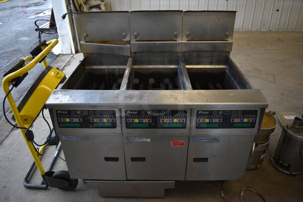 BEAUTIFUL! 2014 Pitco Frialator Model SSH60 ENERGY STAR Stainless Steel Commercial Floor Style Natural Gas Powered 3 Bay Deep Fat Fryer w/ Filtration System on Commercial Casters. 80,000 BTU. 47x35x48