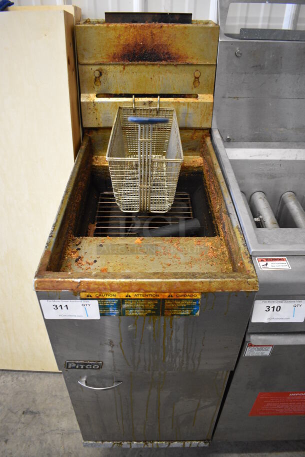 NICE! 2012 Pitco Frialator Model 35C+ Stainless Steel Commercial Natural Gas Powered Deep Fat Fryer w/ Metal Fry Basket. 90,000 BTU. 15.5x30x47 - Image 1 of 6