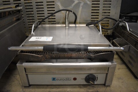 NICE! Eurodib Model SFE02345-120 Stainless Steel Commercial Countertop Electric Powered Panini Press. 120 Volts, 1 Phase. 20x17x10. Tested and Does Not Power On