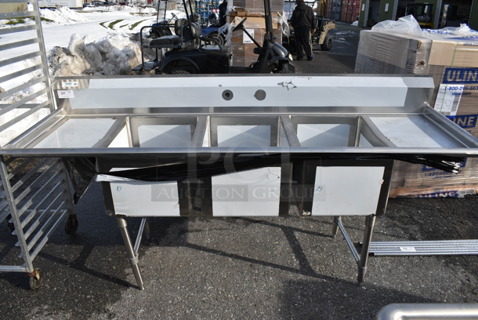 BRAND NEW! Regency Stainless Steel Commercial 3 Bay Sink w/ Dual Drainboards. 94x29x46. Bays 18x24x14. Drainboards 16x26x2