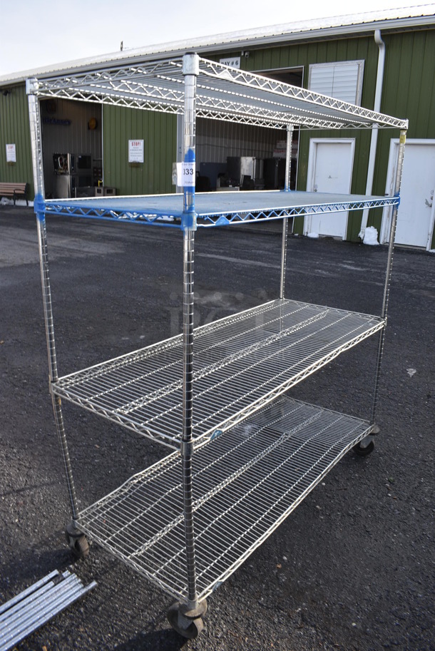 Chrome Finish 4 Tier Metro Shelving Unit on Commercial Casters. BUYER MUST DISMANTLE. PCI CANNOT DISMANTLE FOR SHIPPING. PLEASE CONSIDER FREIGHT CHARGES. 60x24x68