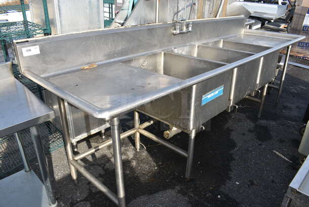 Stainless Steel Commercial 3 Bay Sink w/ Dual Drainboards, Faucet, Handles and Spray Nozzle Attachment. 120x35x42. Bays 20x28x14. Drainboards 26x31x2
