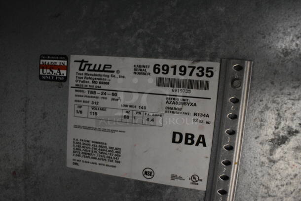 NICE! 2010 True Model TBB-24-60 Stainless Steel Commercial 2 Door Undercounter Cooler. 115 Volts, 1 Phase. 61x24.5x36. Tested and Powers On But Does Not Get Cold - Image 5 of 6