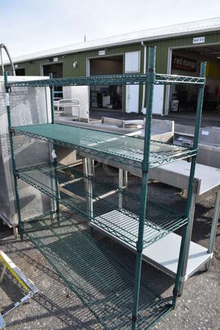 Green Finish 4 Tier Metro Shelving Unit. BUYER MUST DISMANTLE. PCI CANNOT DISMANTLE FOR SHIPPING. PLEASE CONSIDER FREIGHT CHARGES. 60x18x63