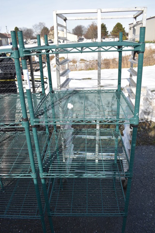 Green Finish 4 Tier Shelving Unit. BUYER MUST DISMANTLE. PCI CANNOT DISMANTLE FOR SHIPPING. PLEASE CONSIDER FREIGHT CHARGES. 24x24x63