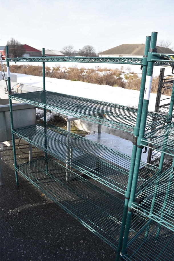 Green Finish 4 Tier Shelving Unit. BUYER MUST DISMANTLE. PCI CANNOT DISMANTLE FOR SHIPPING. PLEASE CONSIDER FREIGHT CHARGES. 60x18x63 - Image 1 of 3