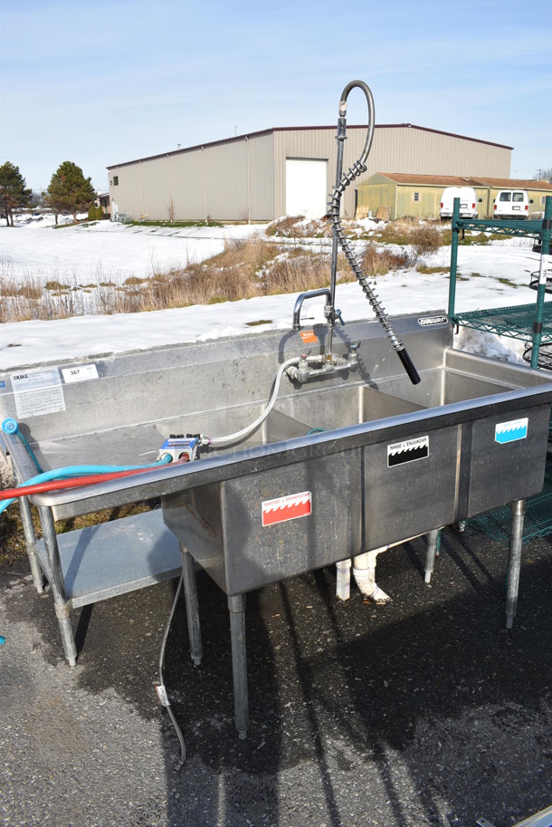 Duke Stainless Steel Commercial 3 Bay Sink w/ Left Side Drainboard, Faucet, Handles and Spray Nozzle Attachment. 69x27x44. Bays 16x21x14. Drainboard 16x23x2