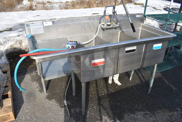 Duke Stainless Steel Commercial 3 Bay Sink w/ Left Side Drainboard, Faucet, Handles and Spray Nozzle Attachment. 69x27x44. Bays 16x21x14. Drainboard 16x23x2 - Image 2 of 7