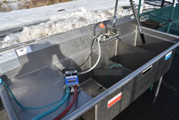 Duke Stainless Steel Commercial 3 Bay Sink w/ Left Side Drainboard, Faucet, Handles and Spray Nozzle Attachment. 69x27x44. Bays 16x21x14. Drainboard 16x23x2 - Image 3 of 7