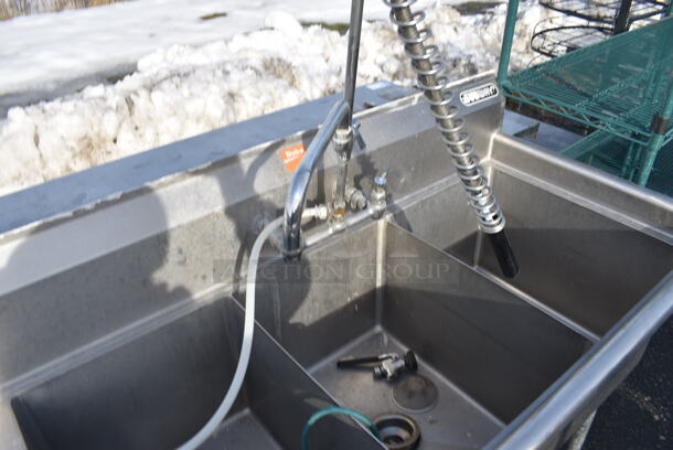 Duke Stainless Steel Commercial 3 Bay Sink w/ Left Side Drainboard, Faucet, Handles and Spray Nozzle Attachment. 69x27x44. Bays 16x21x14. Drainboard 16x23x2 - Image 4 of 7