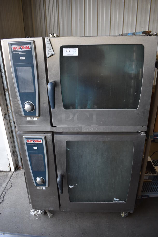 2 GORGEOUS! Rational Stainless Steel Commercial Combitherm 5 Senses Self Cooking Center Convection Ovens on Commercial Casters. Top Model: SCC WE 62. Bottom Model: SCC WE 102. 480 Volts, 3 Phase. 42x40x73. 2 Times Your Bid!