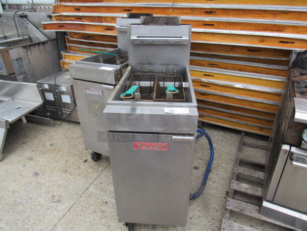 One Vulcan Natural Gas 40lb Deep Fryer, With 2 Baskets, On Casters. Model# LG300. 16X30X47