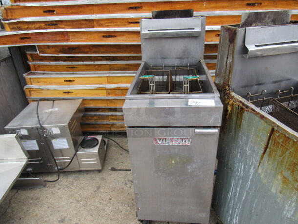 One Vulcan Natural Gas 40lb Deep Fryer, With 2 Baskets, On Casters. Model# LG300. 16X30X47