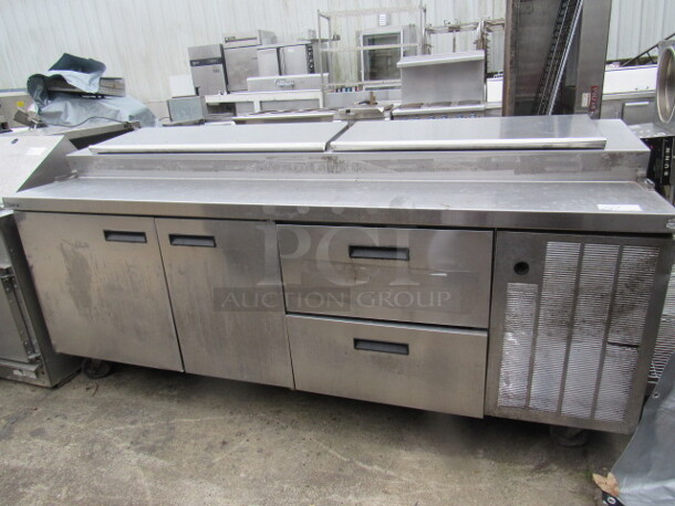 One Delfield 2 Door/2 Drawer Refrigerated Prep Table On Casters. 91X32X42 Tested And Working!!!! COLD COLD COLD!!!