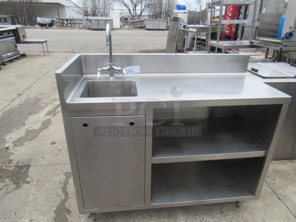 One Stainless Steel Table With Sink, Faucet, And 2 Stainless Under Shelves, Left Side And Back Splash. 48X20X42