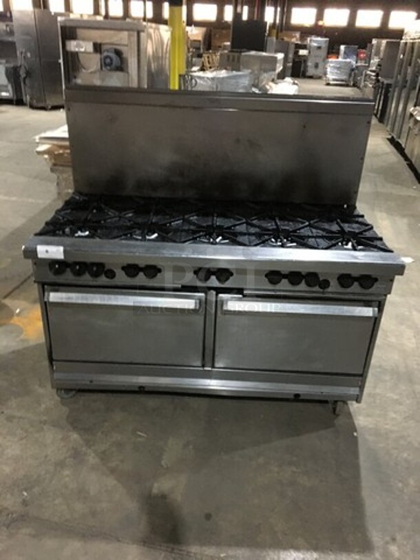 All Stainless Steel Natural Gas Powered 10 Burner Stove! With 2 Full Size Ovens Underneath! With Backsplash! On Commercial Casters!