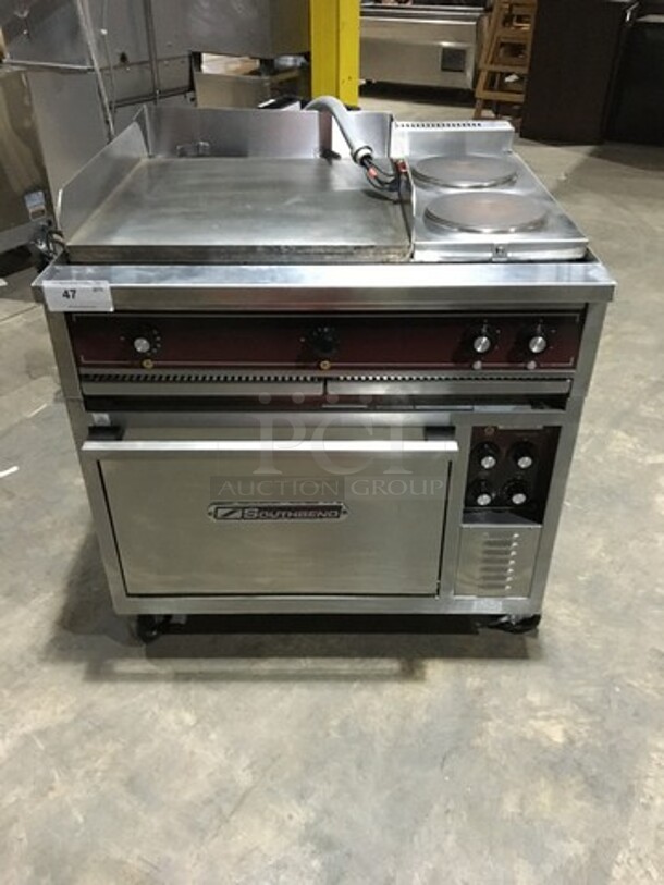 Southbend Commercial Electric Powered Flat Griddle! With 2 Right Side Hot Plates! With Full Size Oven Underneath! All Stainless Steel! On Casters!