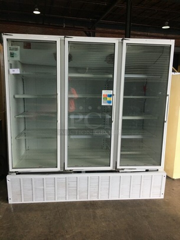 Master Bilt Commercial 3 Door Reach In Freezer Merchandiser! With Poly Coated Racks! Model BLG74HD Serial 014100! 115/208/230V 1Phase!
