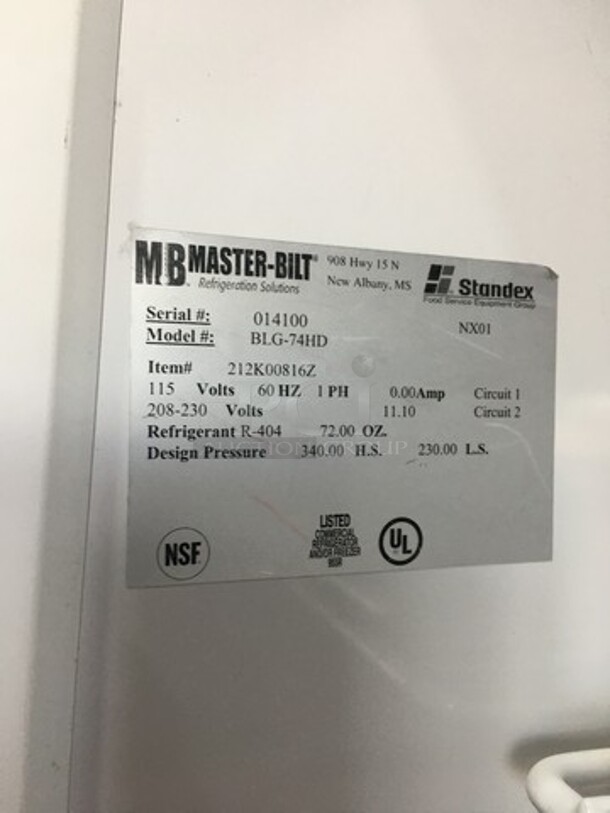 Master Bilt Commercial 3 Door Reach In Freezer Merchandiser! With Poly Coated Racks! Model BLG74HD Serial 014100! 115/208/230V 1Phase!
 - Image 8 of 10