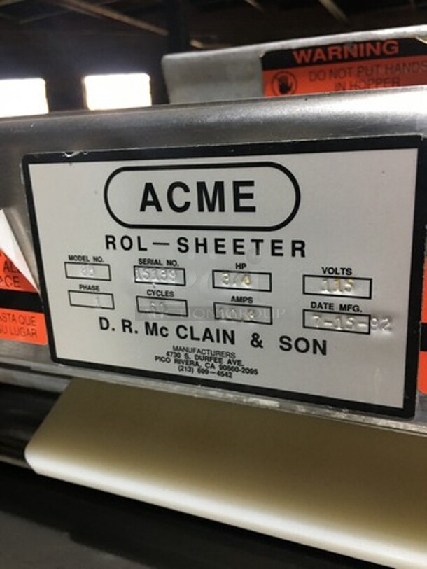Acme Commercial Floor Style Heavy Duty Dough Sheeter! All Stainless Steel! Model 88 Serial 15139! 115V 1Phase! On Casters! - Image 8 of 9