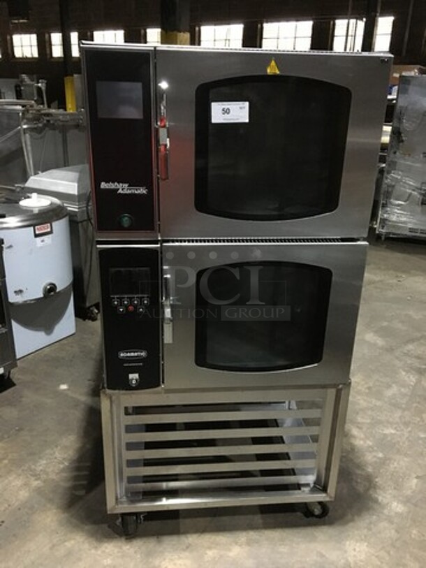 Belshaw Adamatic Commercial Electric Powered Dual Combi Oven! With View Through Doors! With Pan Racks Underneath! All Stainless Steel! Model FG189UZ84 Serial 2000003710FA032620! 2 X Your Bid! Makes One Unit! On Casters!