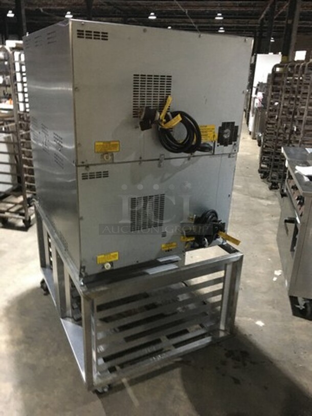 Belshaw Adamatic Commercial Electric Powered Dual Combi Oven! With View Through Doors! With Pan Racks Underneath! All Stainless Steel! Model FG189UZ84 Serial 2000003710FA032620! 2 X Your Bid! Makes One Unit! On Casters! - Image 4 of 11