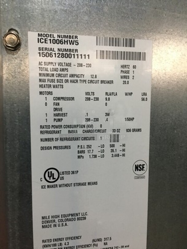 Ice-O-Matic Commercial Ice Making Machine! On Ice Bin! All Stainless Steel! Model ICE1006HW5 Serial 15061280011111! 208/230V! On Legs! 2 X Your Bid! Makes One Unit! - Image 5 of 8