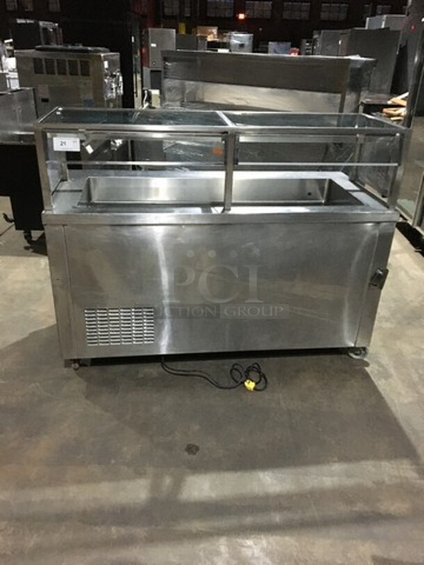 Nice! Dunhill Refrigerated Cold Pan/Salad Bar Work/Serving Station! With Underneath Storage Space! With Sneeze Guard! All Stainless Steel! Model C560MO Serial 08283! 120V 1 Phase! On Casters!