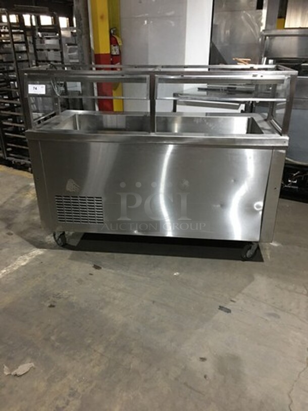 Dunhill Refrigerated Cold Pan/Salad Bar Work/Serving Station! With Underneath Storage Space! With Sneeze Guard! All Stainless Steel! Model C560MOLL Serial 08987! 120V 1 Phase! On Casters!