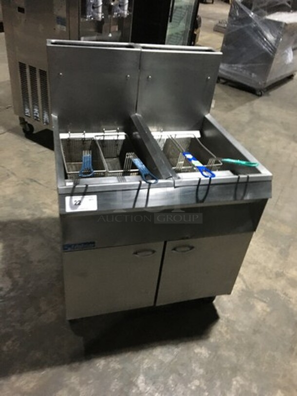 JC Pitman Frialator Commercial Natural Gas Powered Dual Deep Fat Fryer! With 4 Metal Frying Baskets! With Backsplash! All Stainless Steel! Model 142S Serial 8592Y50086SN! On Casters!