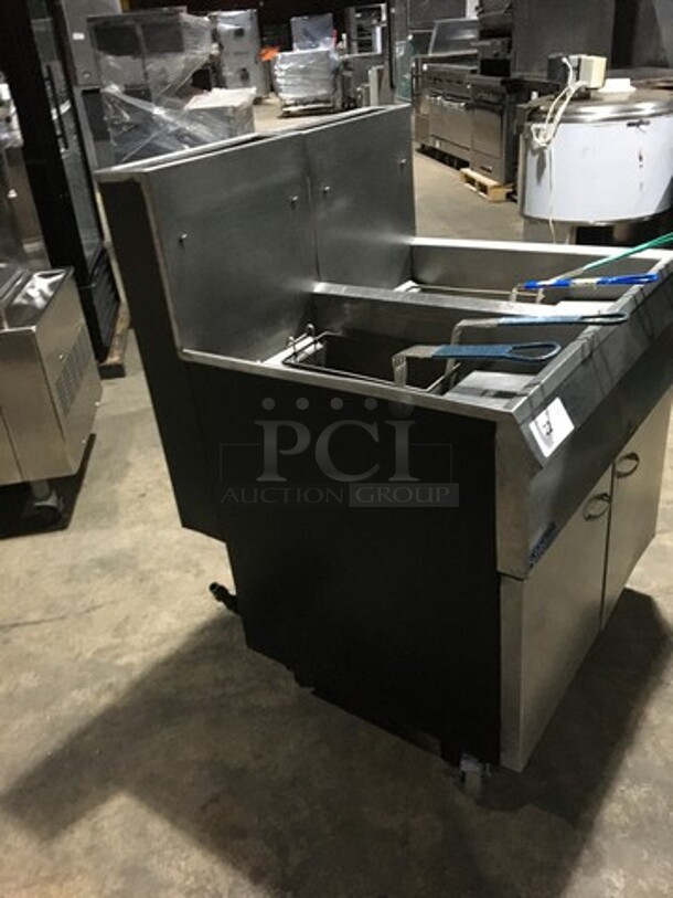 JC Pitman Frialator Commercial Natural Gas Powered Dual Deep Fat Fryer! With 4 Metal Frying Baskets! With Backsplash! All Stainless Steel! Model 142S Serial 8592Y50086SN! On Casters! - Image 2 of 9