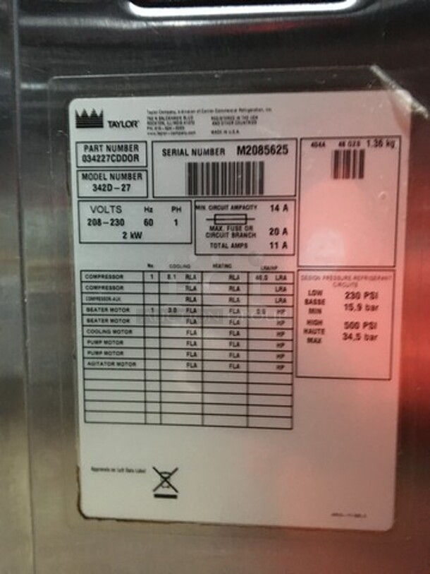 Taylor Commercial Floor Style 2 Flavor Frosty/Coolatta/Slushy Making Machine! With Milkshake Mixing Attachment! All Stainless Steel! Model 342D27 Serial M2085625! 208/230V 1Phase! On Commercial Casters! - Image 9 of 10
