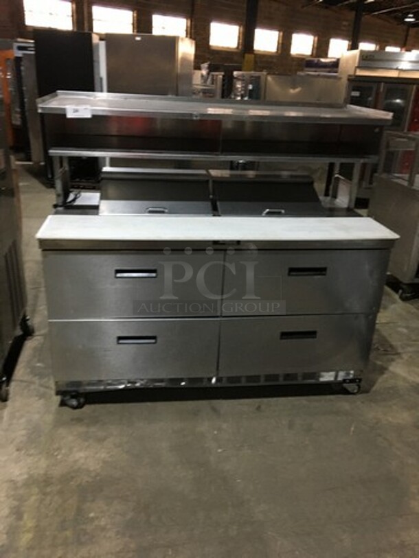 Delfield Commercial Refrigerated Sandwich Prep Table! With 4 Drawers Underneath! With Overhead Storage Shelves! With Commercial Cutting Board! All Stainless Steel! On Casters!