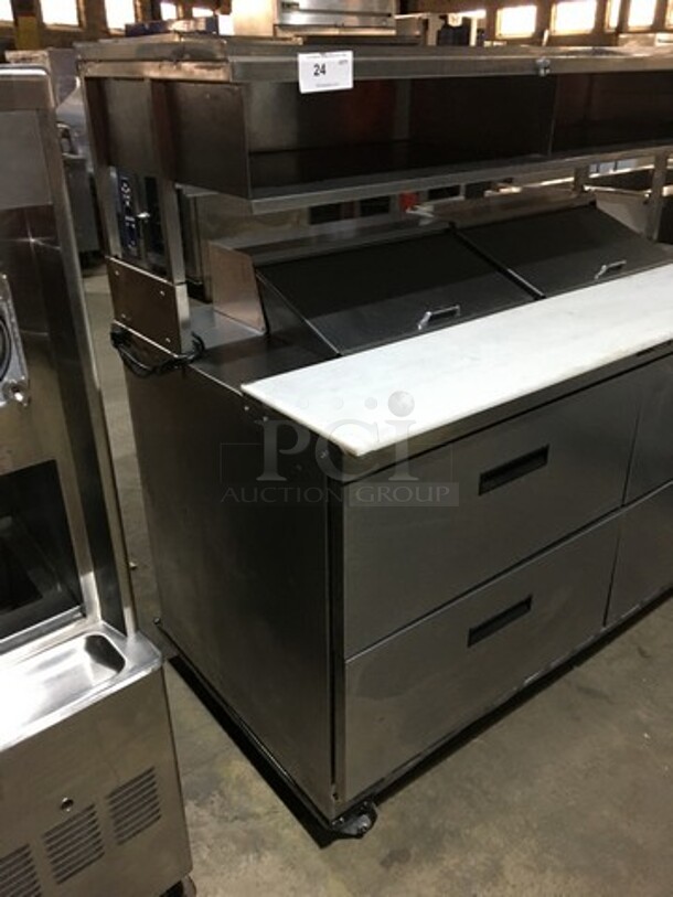 Delfield Commercial Refrigerated Sandwich Prep Table! With 4 Drawers Underneath! With Overhead Storage Shelves! With Commercial Cutting Board! All Stainless Steel! On Casters! - Image 2 of 10