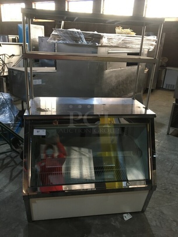 Nice! S & V Refrigerated Deli Display Case Merchandiser! Remote Compressor/No Compressor! With 2 Tier Stainless Steel Overhead Shelves! With Sliding Back Access Doors! Model CD4R Serial L0996014! 115V 1 Phase!