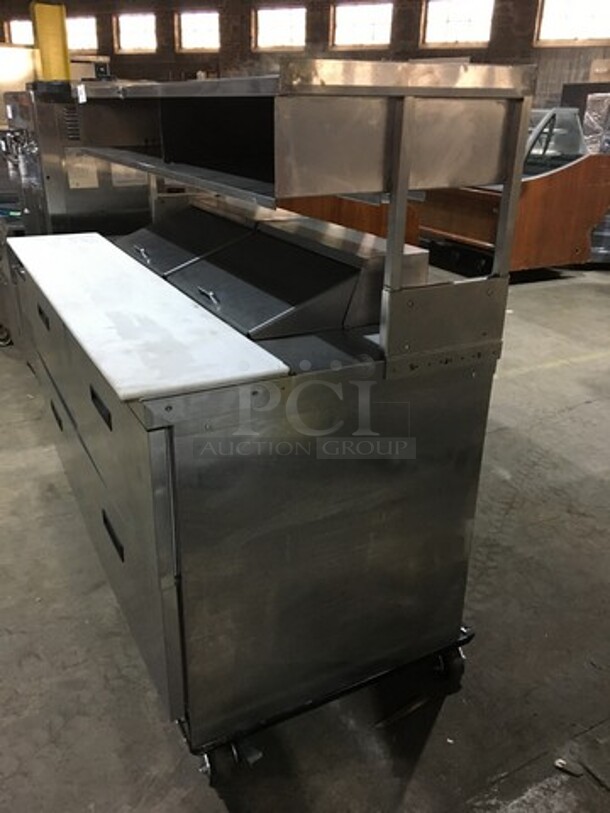 Delfield Commercial Refrigerated Sandwich Prep Table! With 4 Drawers Underneath! With Overhead Storage Shelves! With Commercial Cutting Board! All Stainless Steel! On Casters! - Image 3 of 10