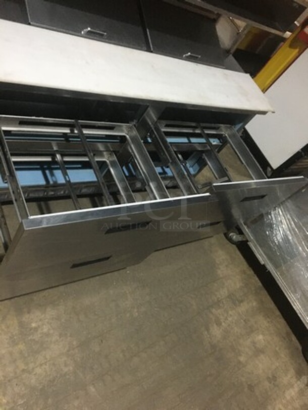 Delfield Commercial Refrigerated Sandwich Prep Table! With 4 Drawers Underneath! With Overhead Storage Shelves! With Commercial Cutting Board! All Stainless Steel! On Casters! - Image 5 of 10